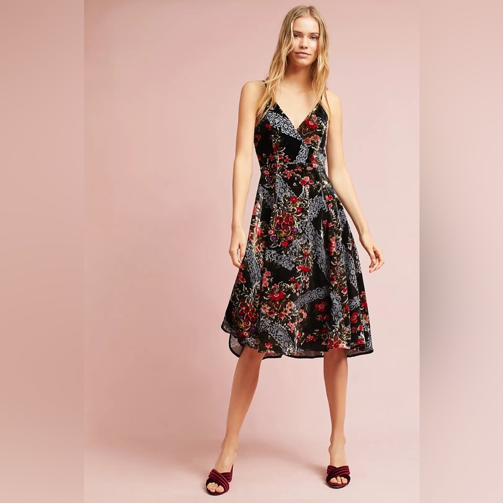 Anthropologie || Eri + Ali Floral Velvet Burnout Slip‎ Dress Black 6 NWT